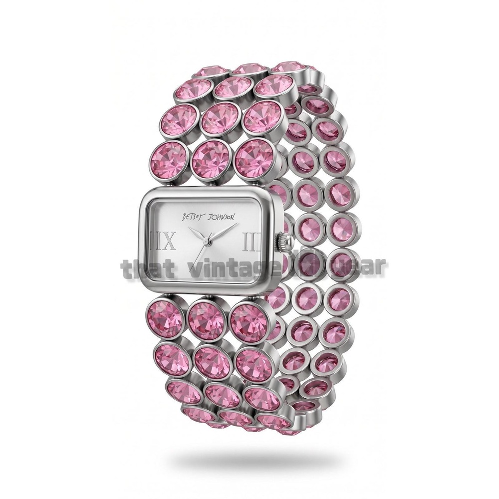 Betsey Johnson Vintage Sparkling Headlight Pink Gems Crystals Silver Bracelet
